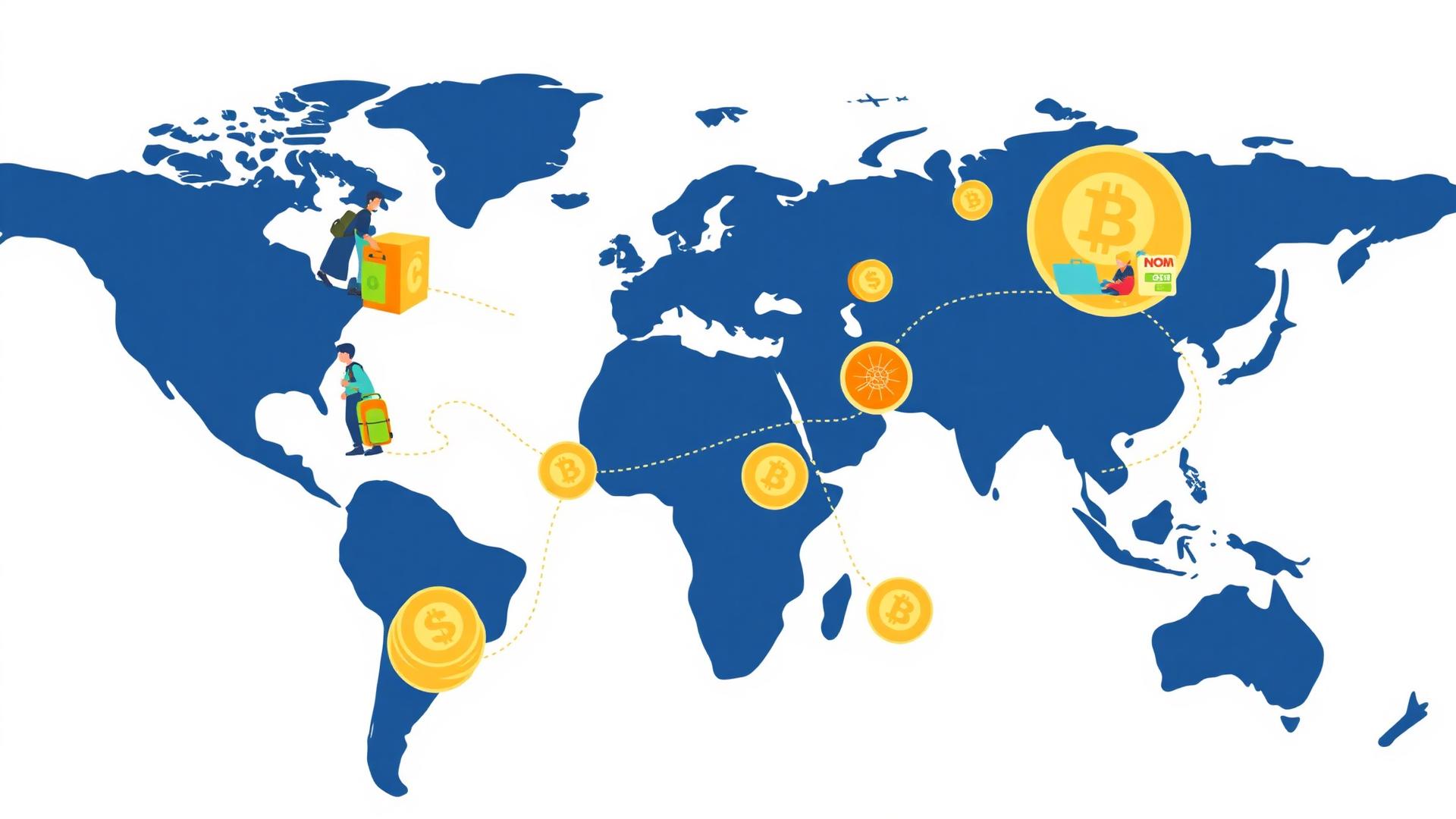 Global map with NOM Credits flowing between countries, travelers, remote professionals and communities