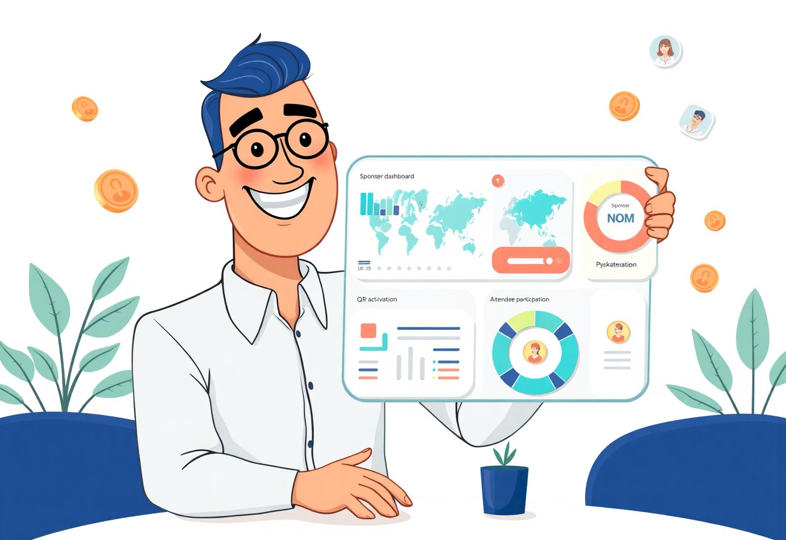 Sponsor dashboard with campaign analytics, QR activations and attendee participation